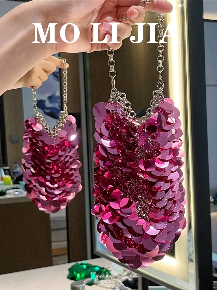 

Shiny Metal Fish Scale Sequin Bag Handcrafted Woven Crossbody Party Bag for Women PVC Pure Color round Box Shape Casual Use