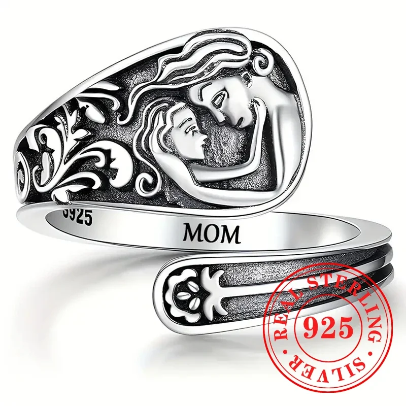 Huitan Vintage 925 Sterling Silver Opening Rings Exquisite Mother Daughter Pattern Finger Accessory Meaningful Mother’s Day Gift