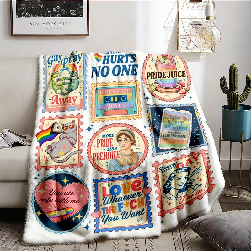 Pride Month LGBTQ Stamps Flannel Blanket, Safe with Me Throw, Rainbow Pride Flag Gift