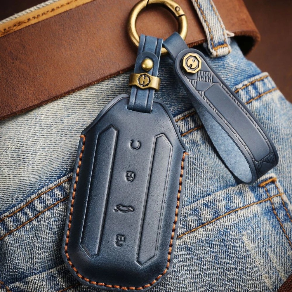 غطاء مفتاح من الجلد المحبب لشيري أومودا Jaecoo 7 Oumengda C7 مع حلقة معدنية وحزام جلدي، ملفوف بالكامل مضاد للخدش