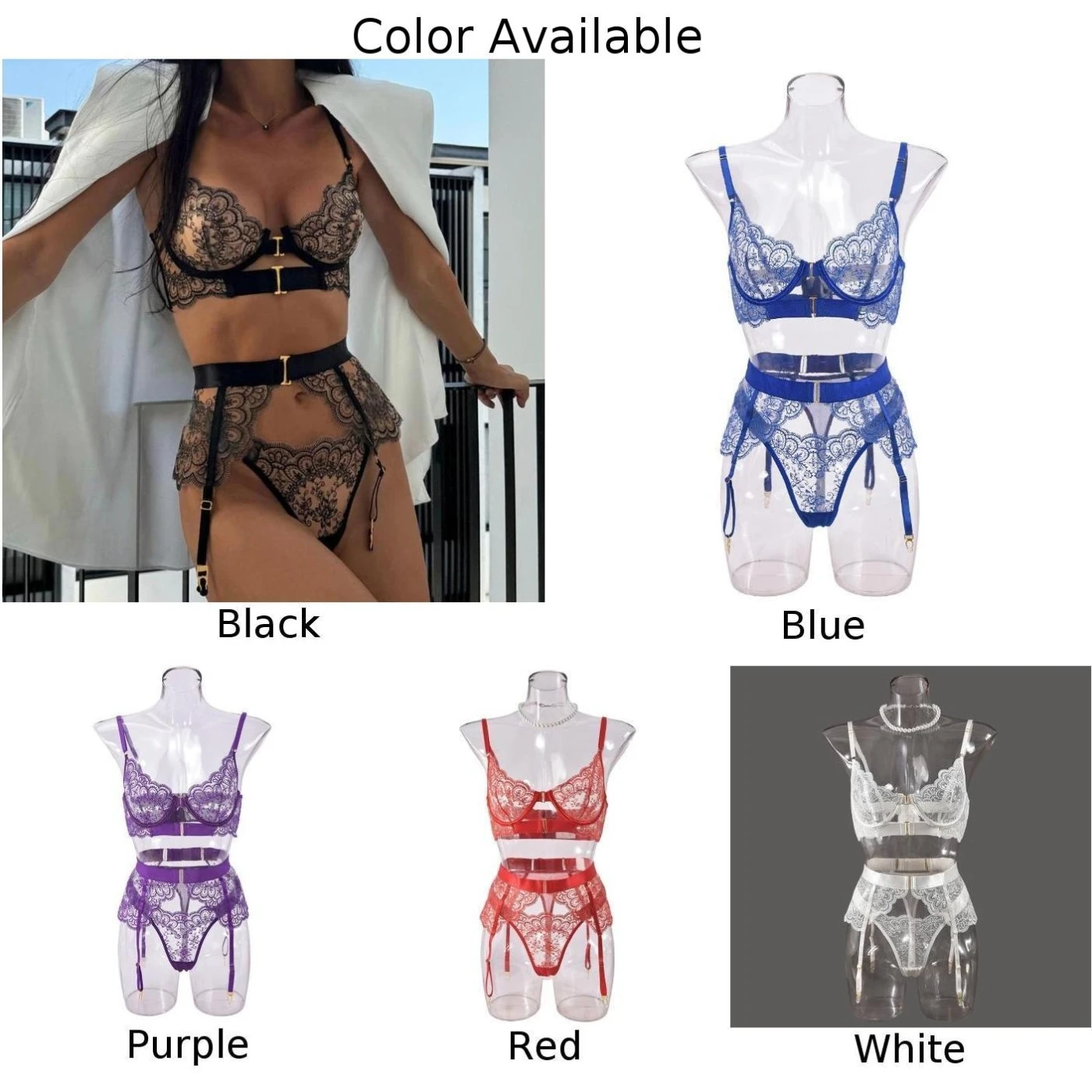 Sexy Sheer Mesh Translucent Bra Thongs Garter Belts 3 Piece Set Embroidered See Through Lingerie Outfit Erotic Nightwear