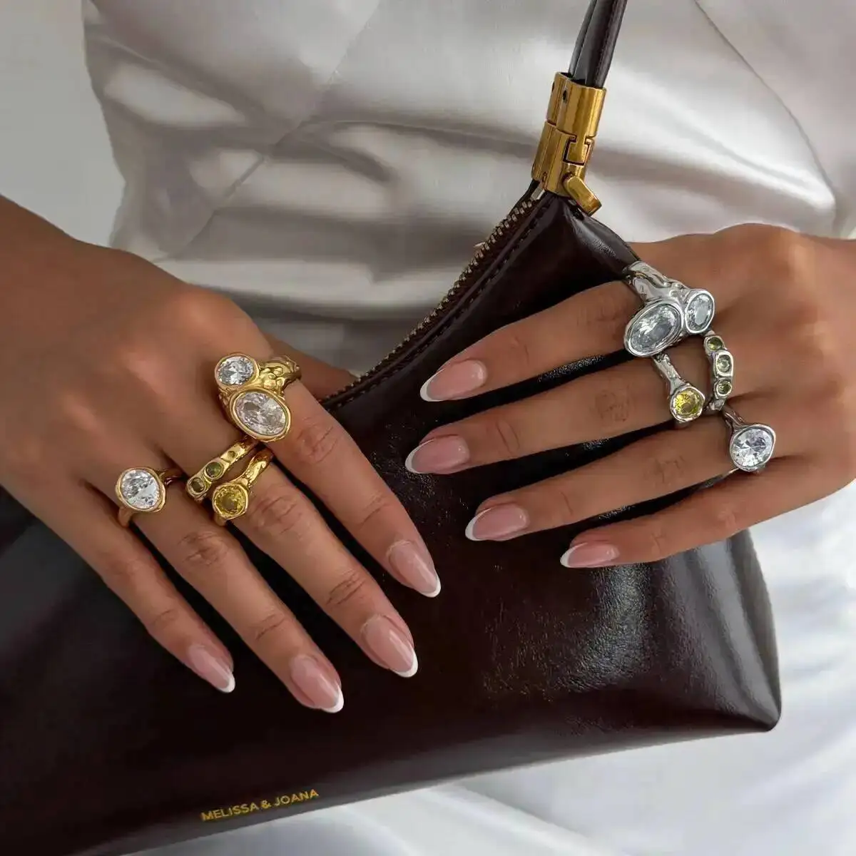 SHIXIN Exquisite 8Pcs Stainless Steel Irregular Glass Drill 18K Gold Plated Open Rings Women Wedding Banquet Waterproof Jewelry