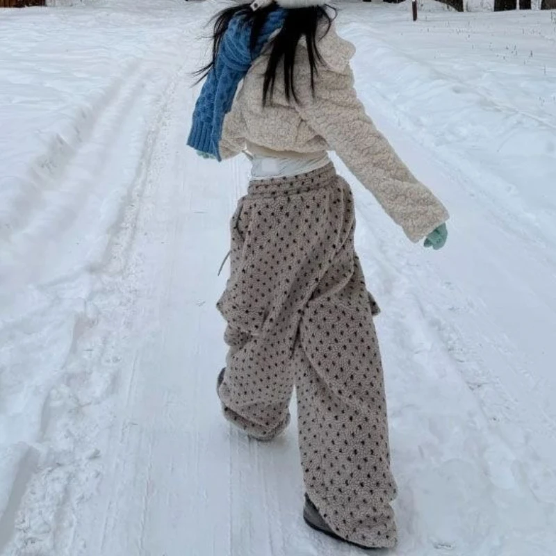 Deeptown Vintage Polka Dot Women Lamb Wool Pants Embroidery Wide Leg American Style Straight Fleece Trousers Baggy Thick Winter
