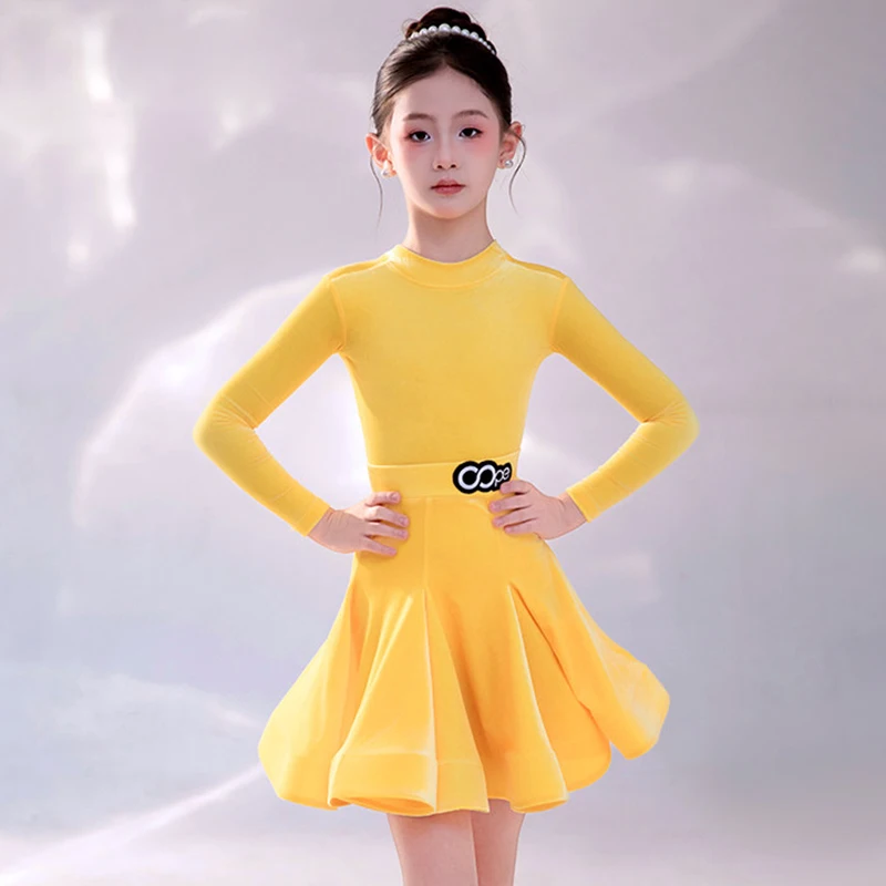 

Платье для латинских танцев для девочек, бархатный танцевальный костюм с длинными рукавами, детская одежда для выступлений на сцене, наряд для латинских танцев AMY2514