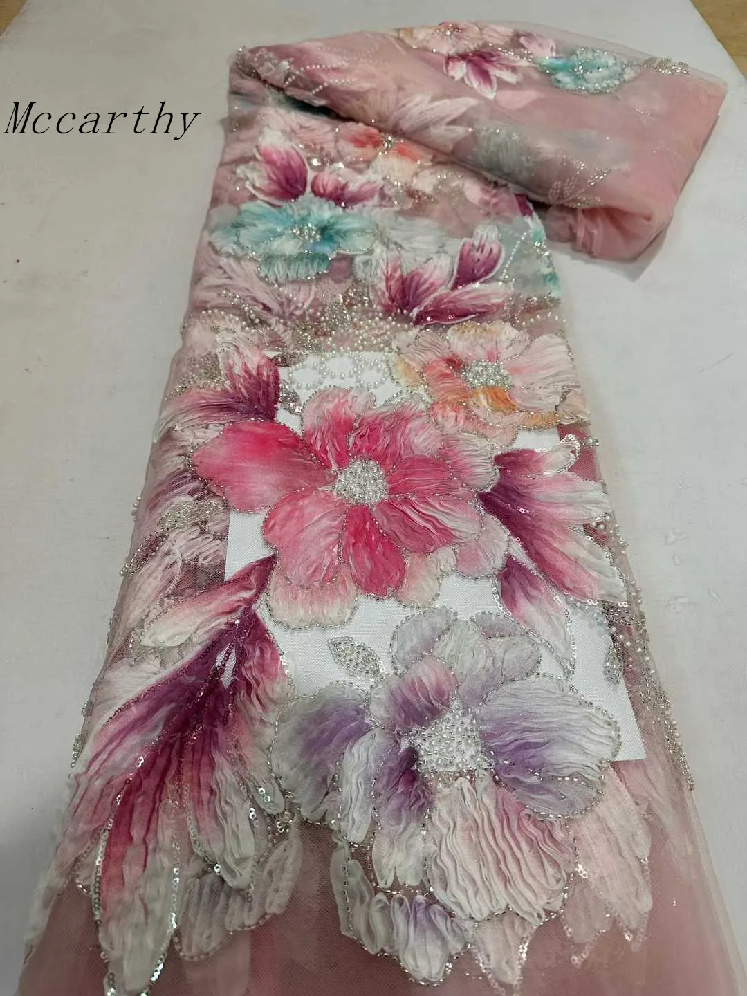 

2026 High Quality French Tulle 3D Flower Sequins Lace Fabric African Beaded Lace Fabric 5 Yards For Nigerian Wedding Party Dress