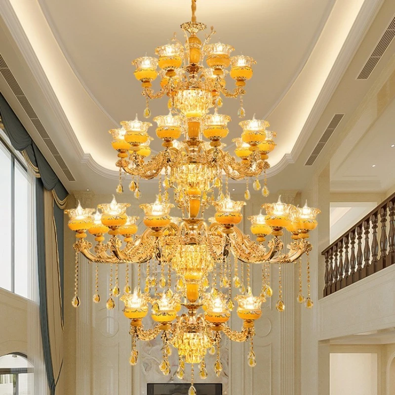 

European-style villa duplex building large chandelier natural jade hall living room stairs