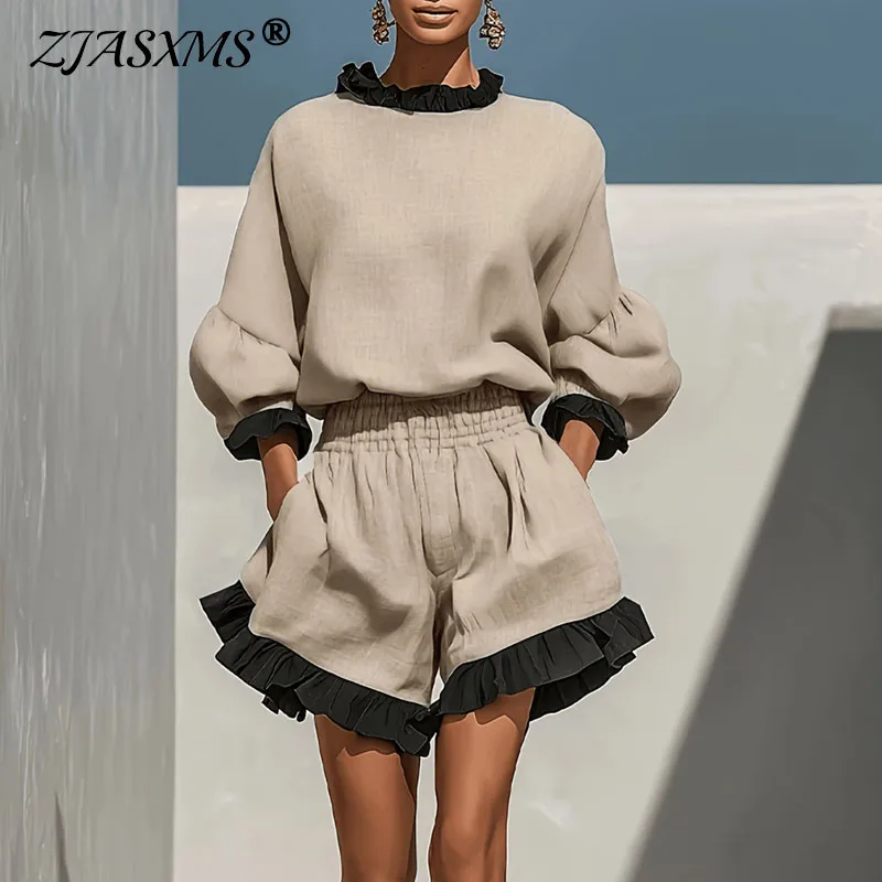 Boho Contrast Ruffle 2 Piece Sets Ladies Lantern Sleeve Blouse & High Waist Shorts Outfits Loose Vacation Daily Casual Tracksuit