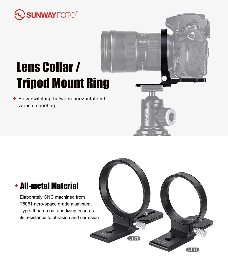 SUNWAYFOTO LS-75 LS-63 Ring Lens Support with Arca Swiss Plate Collar Mount