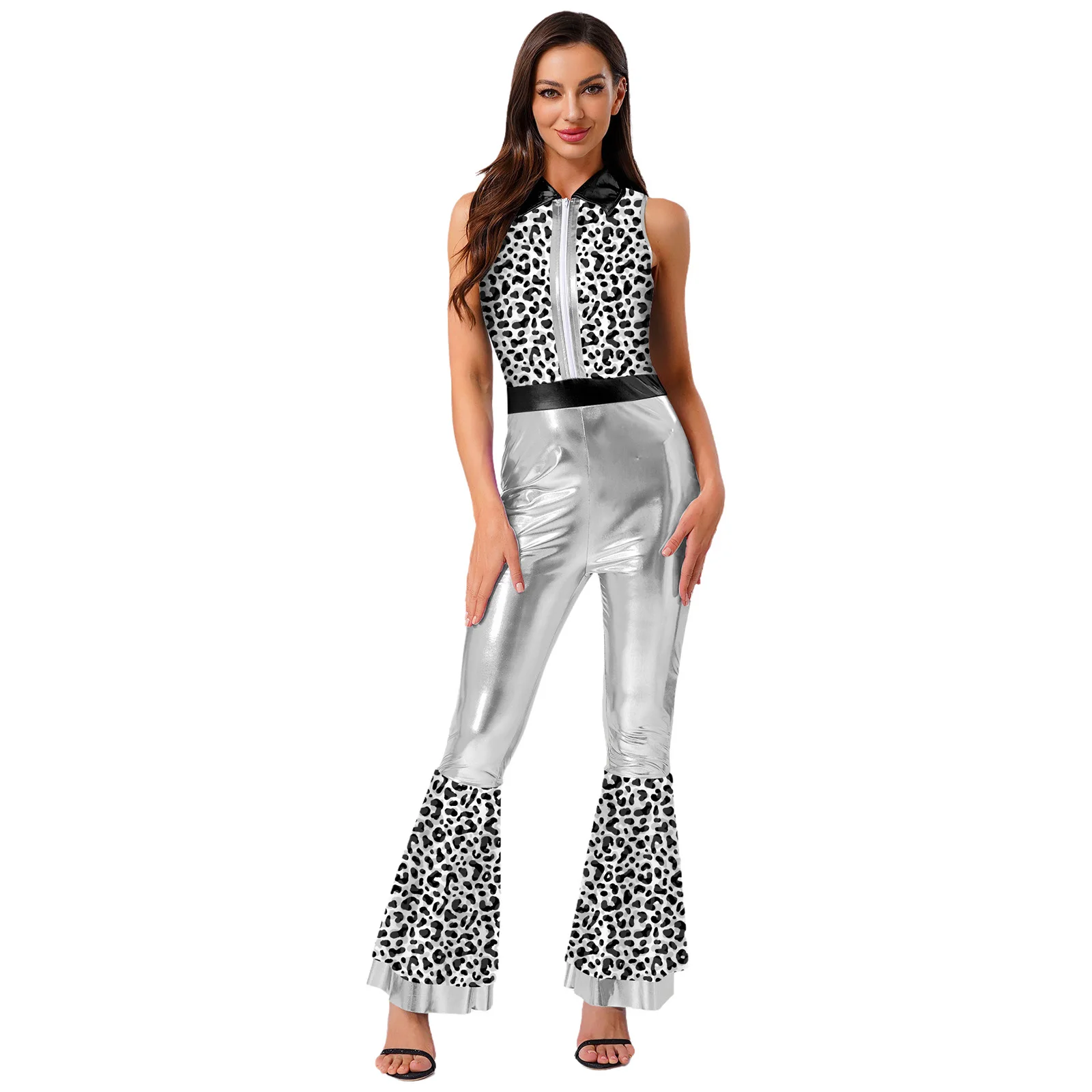 Women's Shiny Flared Jumpsuit Party Rompers Flares Metallic 70s 80s Disco Costume Hippie Outfit Pants Rave Clubwear Streetwear