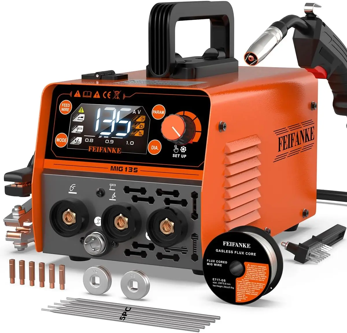 

3-in-1 135A MIG Welder 110V: Synergic Gasless MIG/Stick/Lift TIG, Portable IGBT Inverter with LED Display for Sheet Metal & Stainless Steel
