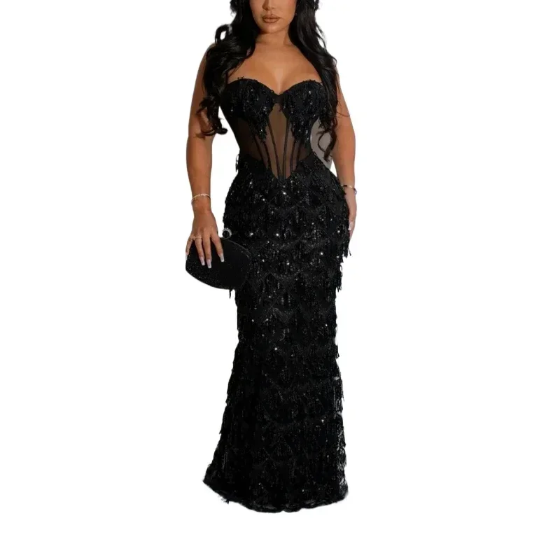 New Women's Sexy Deep V Fashion Pleated Sequins Tight Fitting Slim Fit Suspender Off Shoulder Maxi Wedding Party Evening Dresses