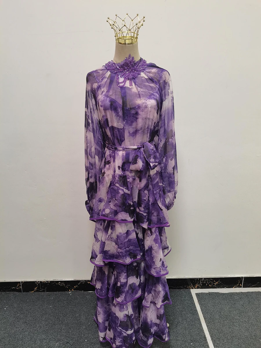 VGH หมึกพิมพ์ Spliced SHEER ชุดผู้หญิงคอยาวแขนยาวเอวสูง Patchwork Ruffles Maxi ชุดแฟชั่นหญิง