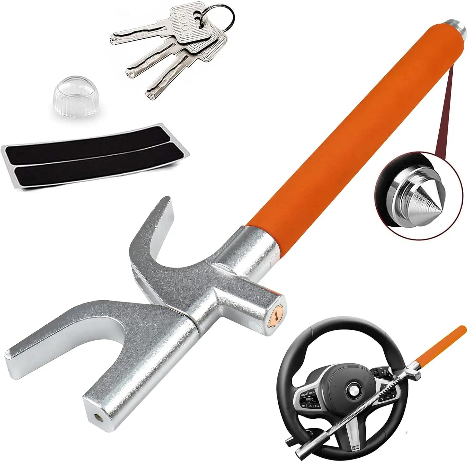 

Универсальный противоугонный замок на руль автомобиля, регулируемый, с 3 ключами и аварийным молотком, оранжевый