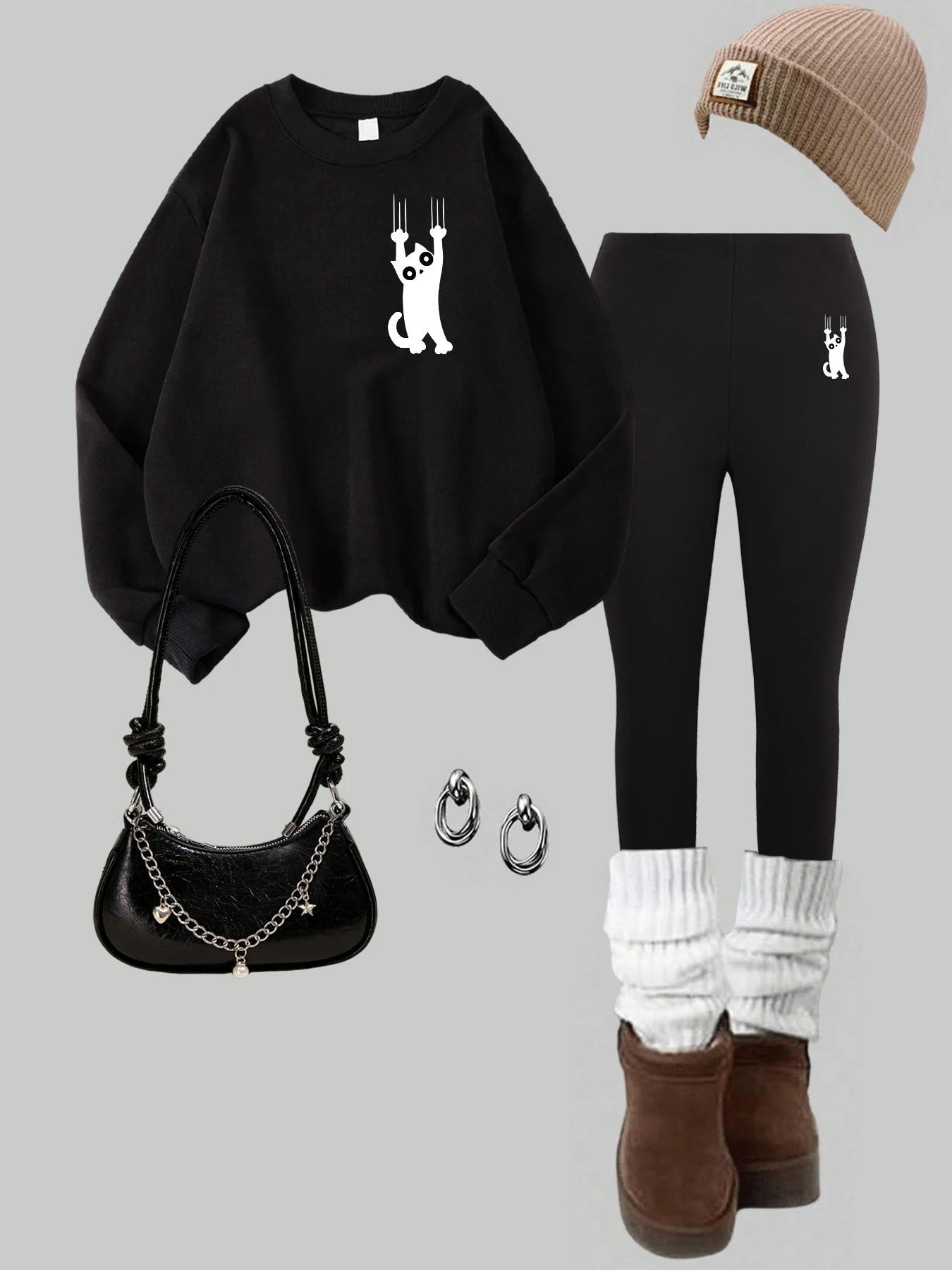 

Женский комплект свитшотов с принтом альпинизма и кота Y2K, флисовые пуловеры с круглым вырезом, повседневные комплекты брюк, уличные леггинсы в стиле хип-хоп