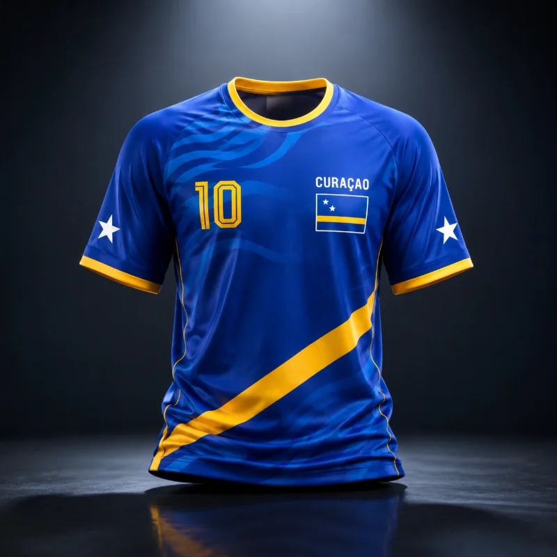 3D Sommer Curacao Blaue Welle Diagonaler Goldstreifen Fußballtrikot Bequemes Schnelltrocknendes Atmungsaktives T-Shirt für Casual-Fan-Streetwear – Detail 1