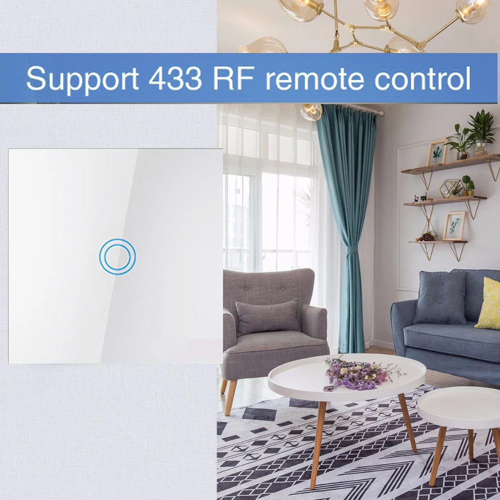EU 터치 벽 스위치 1 2 3 갱 RF433 433MHz 무선 제어 스위치 강화 유리 110 220 240V AC