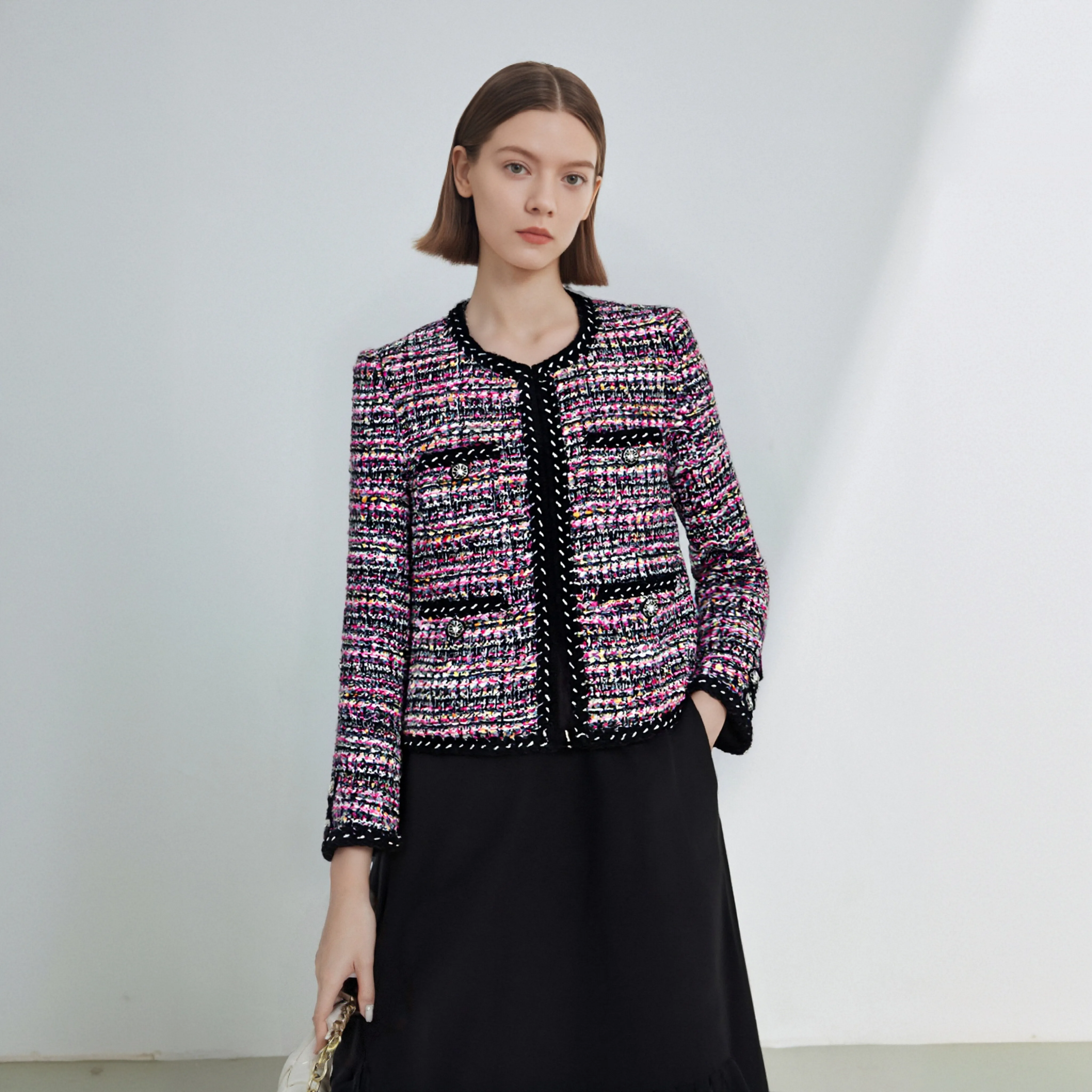 

Модная элегантная красочная твидовая шерстяная куртка розового и фиолетового цвета с цветочным принтом, новая подвесная секция для стильного образа