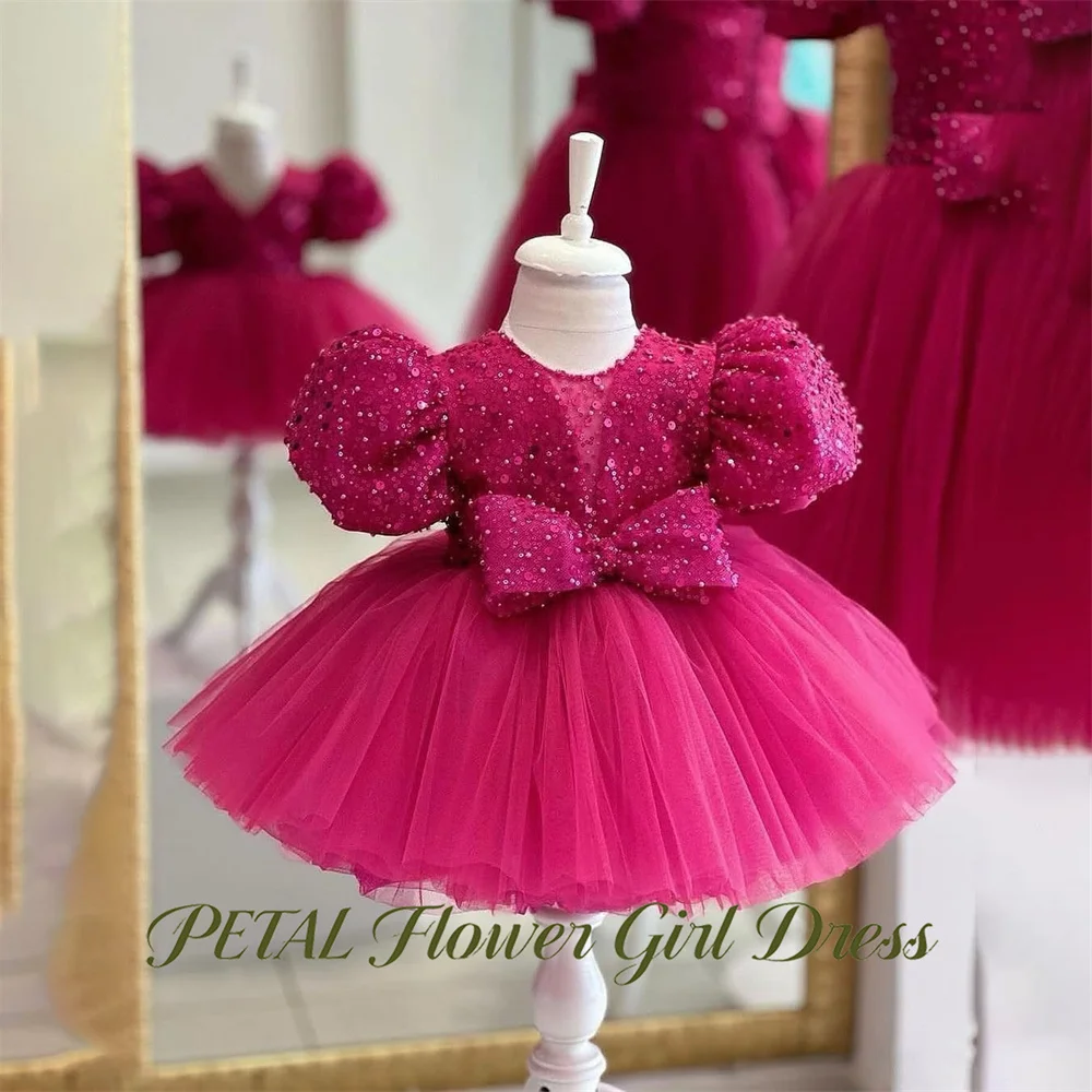 Petal Fuchsia Pink Princess Girls Dress Round Neck Short Sleeve Ball Gown Party Tutu Dresses with Crystal Tutu Fluffy Prom Gown