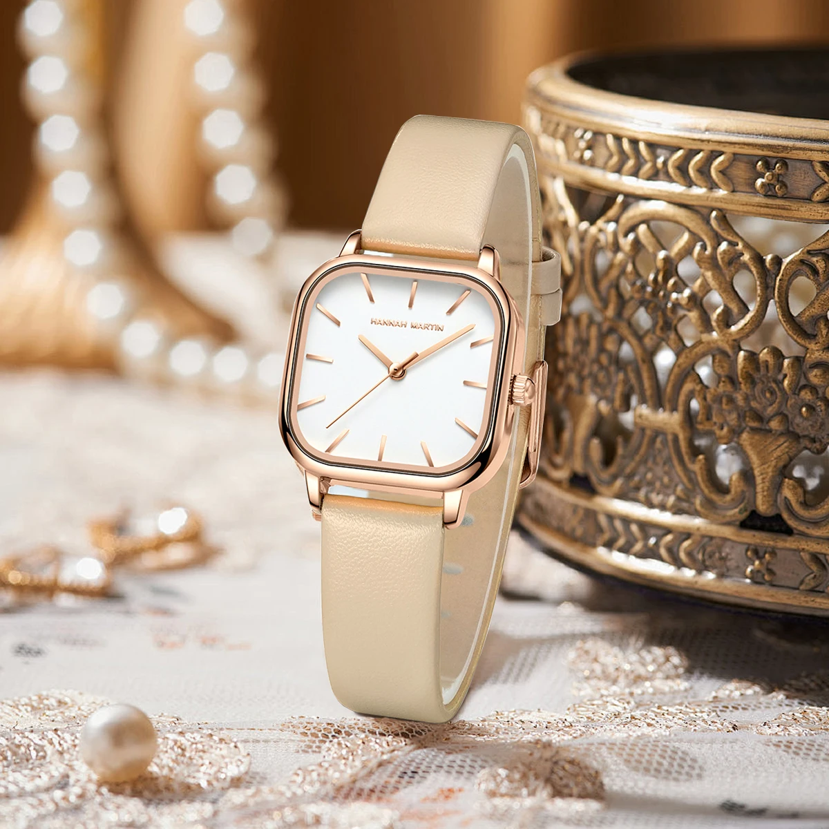 

HANNAH MARTIN Leather Women Watch 1591 Rose Gold Simple Fashion Mini Square Clock Japanese Quartz Movement Casual Watches Reloj