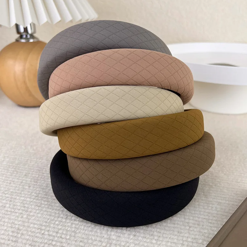 2023 New Korean Style Plaid Sponge Hairbands Wide Solid Color Headband Women Elegant Hair Hoop For Autumn Winter Hair Accesories