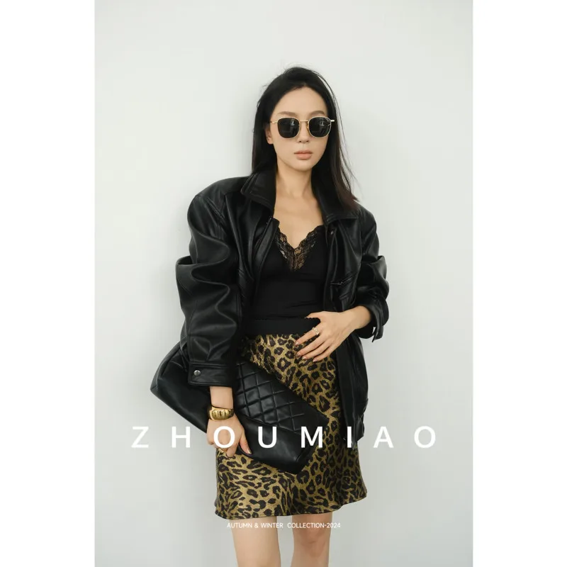 Autumn Satin Leopard Pattern Mini Skirt Women Elastic Waist A-line Gold Plated Gloss Tail Skirts