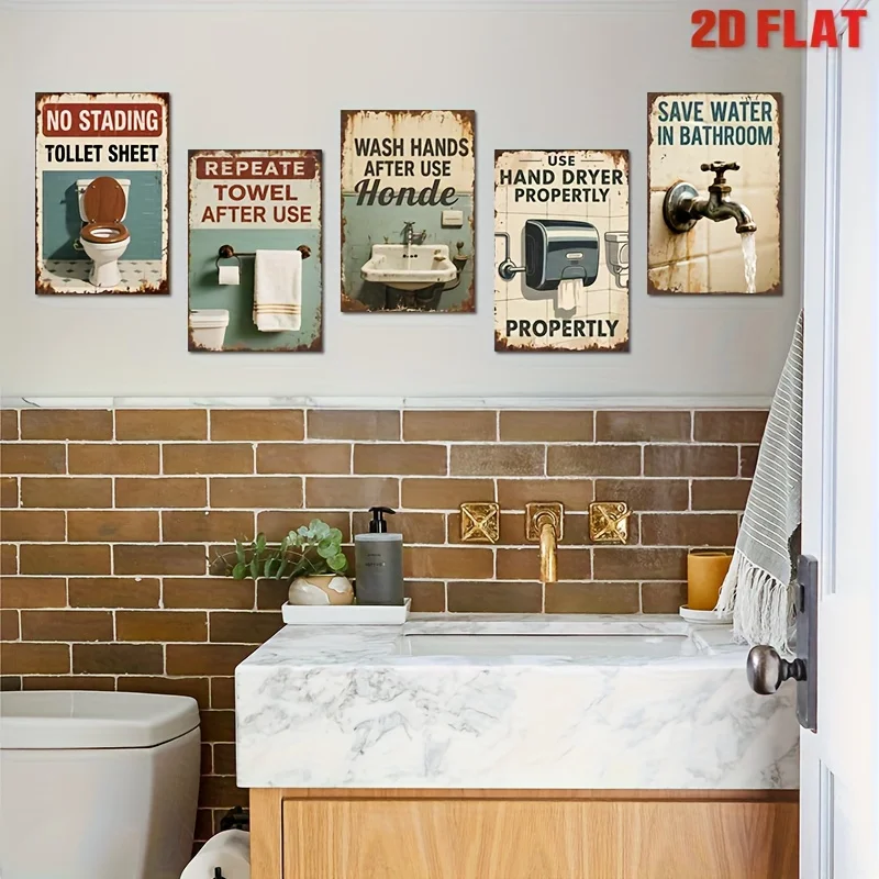 5pcs, 2D Flat, Set of 5 Vintage Metal Signs for Bathroom Decor, Featuring Humorous Toilet Quotes, 20.32X30.48 cm