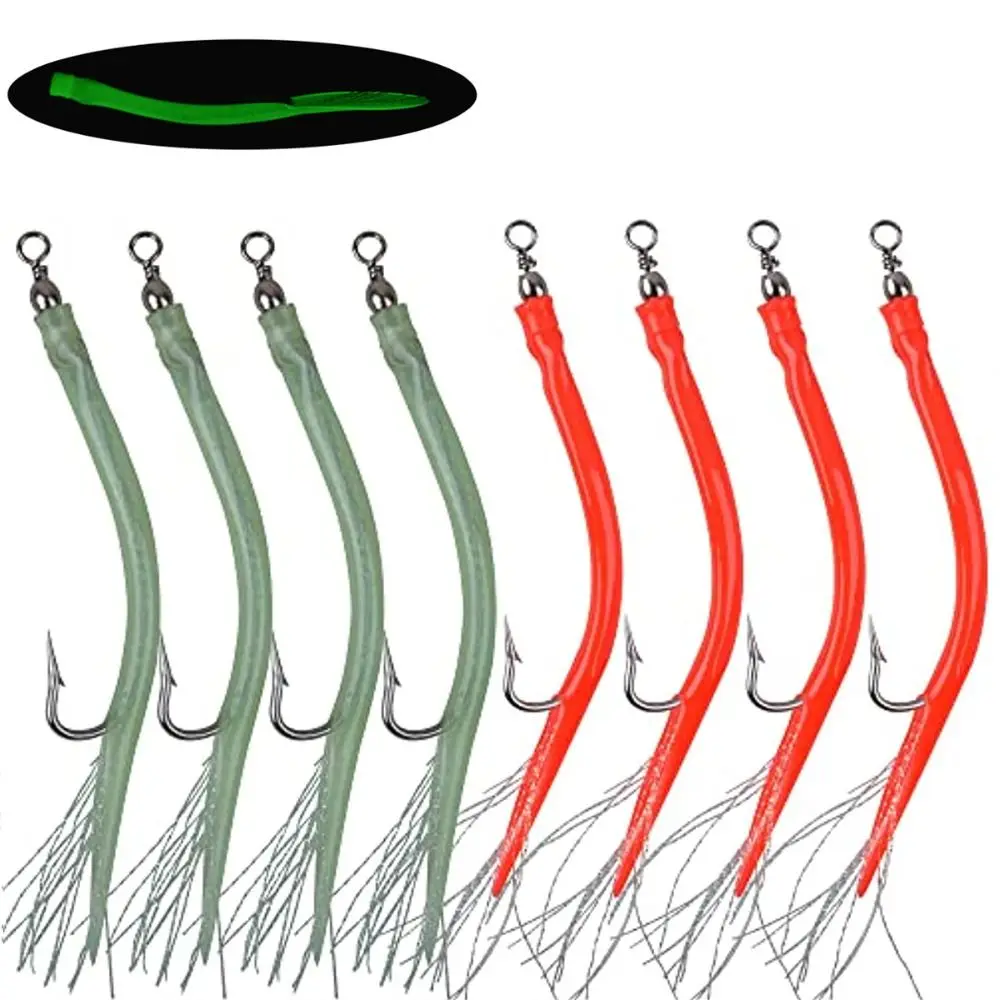 5PCS 6/0 8/0 10/0 Eel Tube Jig Bait Shank Offset Hook Barbed Luminous Eel Fishing Lures Long Shank with Barrel Swivel Sabiki Rig