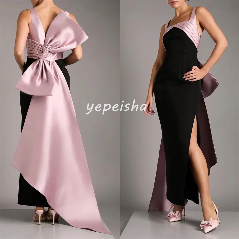 Customized Fashion Exquisite Jersey Draped Bow Pleat Straight Square Neck Midi Dresses Bespoke Occasion Dresses Sizes Available