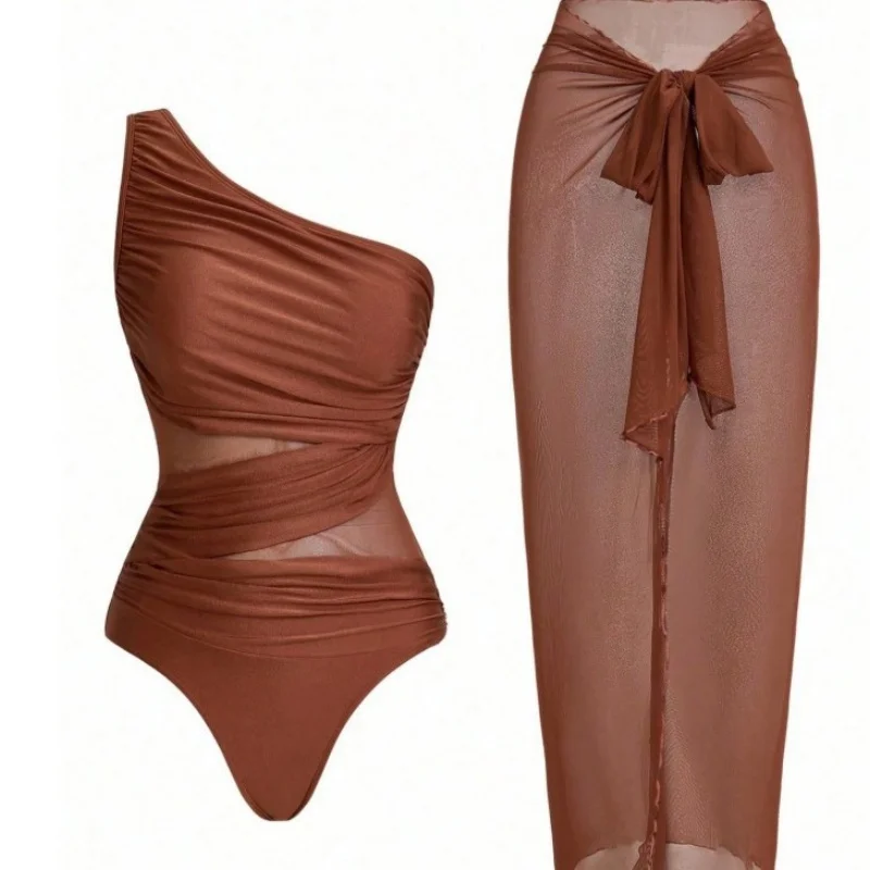 Women 3 Piece Swimsuit One Shoulder Cutout Monokini with Mesh Wrap Cover Up Solid Color Tummy Control Bathing Suit Swimwear
