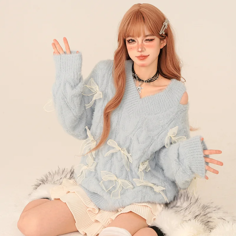 lazy wind knitted sweater women Korean sweet Off shoulder v neck loose long sleeve bufferfly bow jumper lady winter pullover top