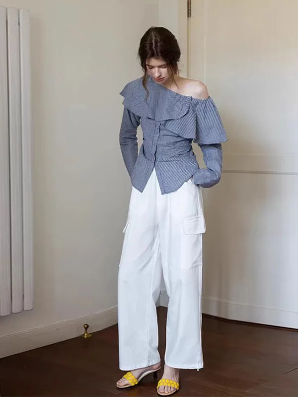 

Женская рубашка Ele Stripe с завышенной талией, асимметричная, приталенная, в стиле ретро, с длинным рукавом, на пуговицах, в корейском стиле, новинка 2025 года