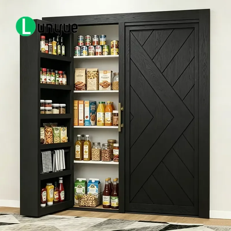 Large Capacity Matte Black Pantry Door with Multi Layer Storage Shelves Hidden Kitchen Food Cabinet Secret Door for Home