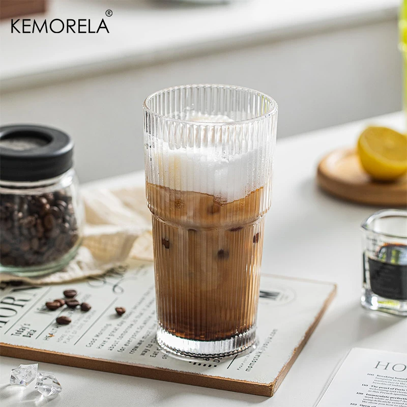 KEMORELA 2/4PCS Ribbed Glass Tumbler 590ML Large Capacity Drinking Glasses for Family gathering Iced Coffee Juice and Cocktails