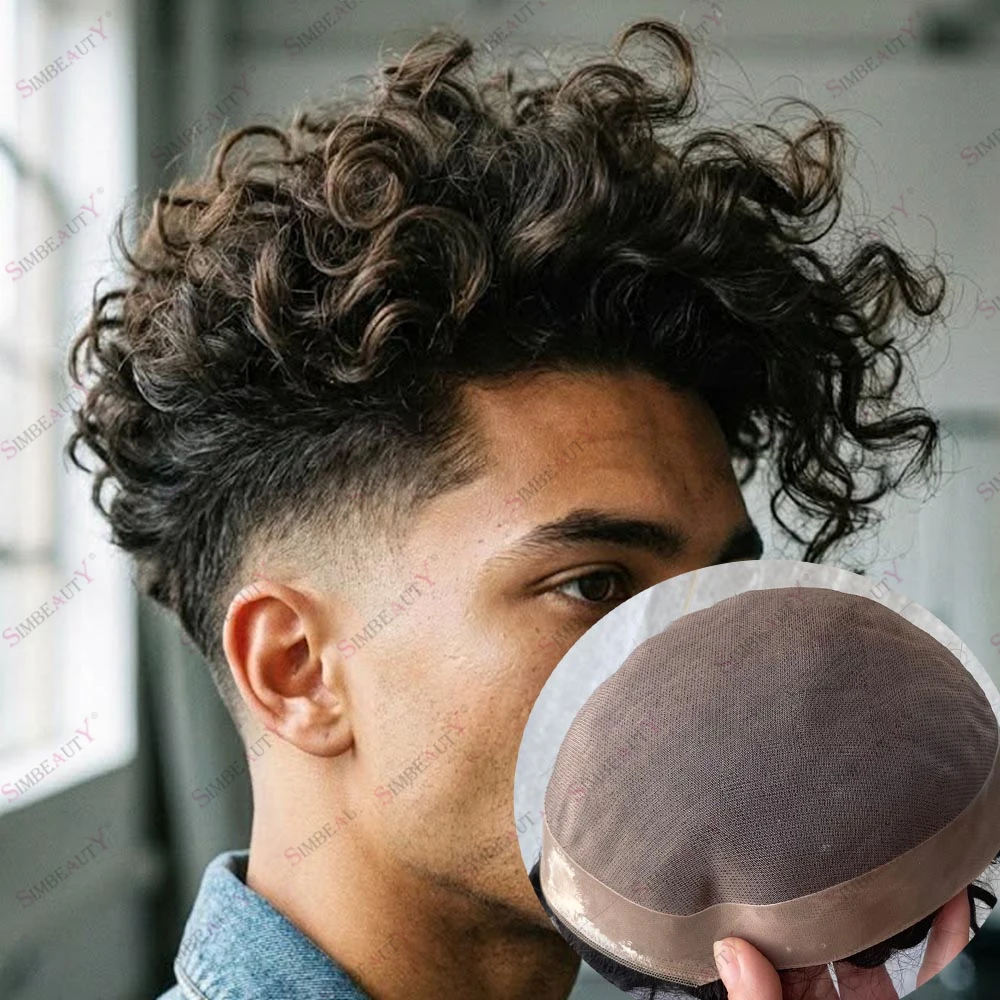 

Human Hair Men's Natural Curly Hair European Bald Male 22mm Curly Fine Mono Prosthesis 24mm Curly Loose Hair Breathable Base Wig
