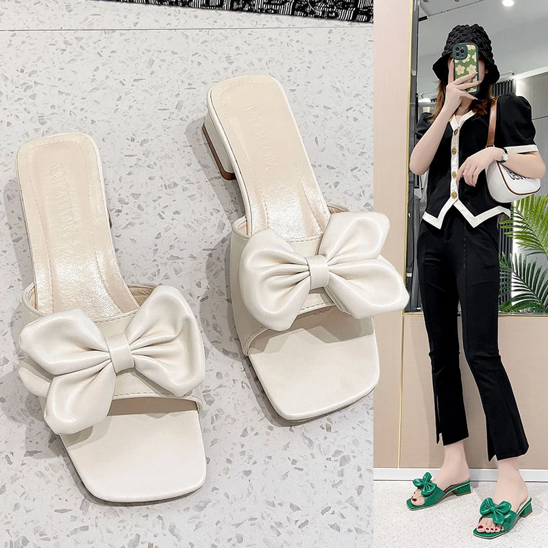 New Summer Slippers Low Heels Slides Female Peep Toe Square Heel bow Sandals Women Big Flip Flops  Flip Flops