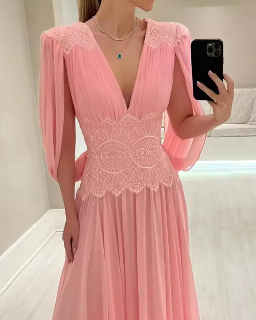 Personalizado elegante rosa mãe da noiva vestidos com decote em v capa vestido de convidado de casamento renda cintura até o chão vestidos de noite 2025