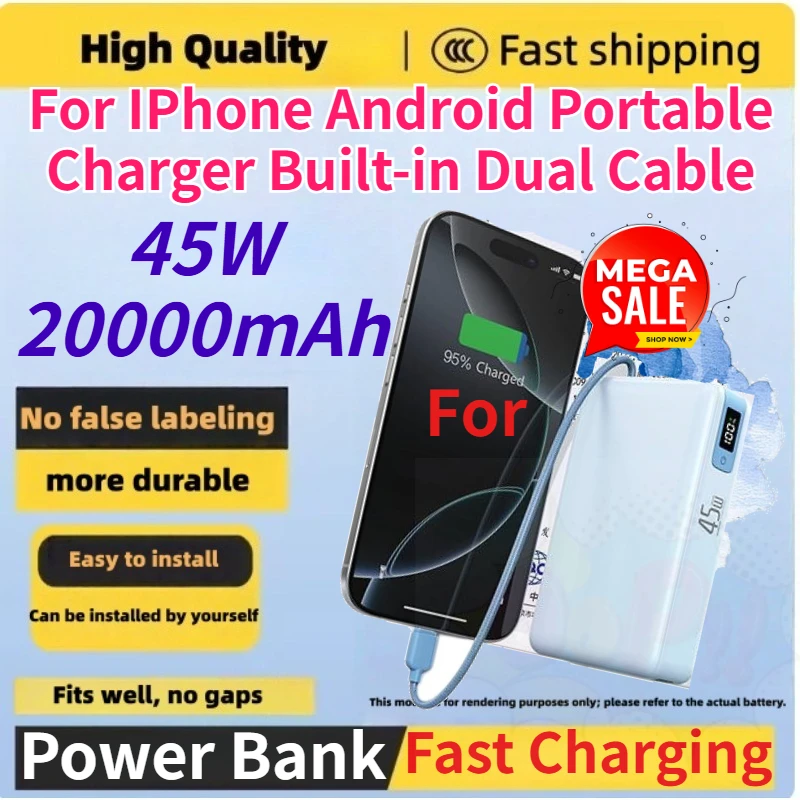 Brand New 20000mAh 45W Power Bank Super Fast Charging Portable Charger Built-in Dual Cable 3C Certified for IPhone Android