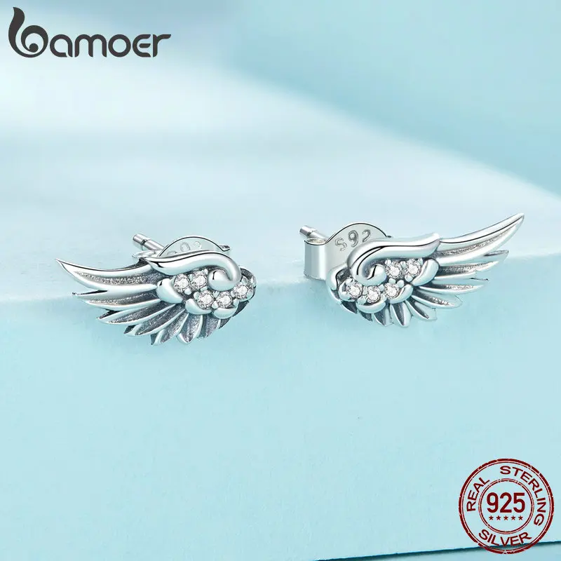 

Bamoer Wings Stud Earrings 925 Sterling Silver Unique Wings Design Earrings Women Fine Jewelry