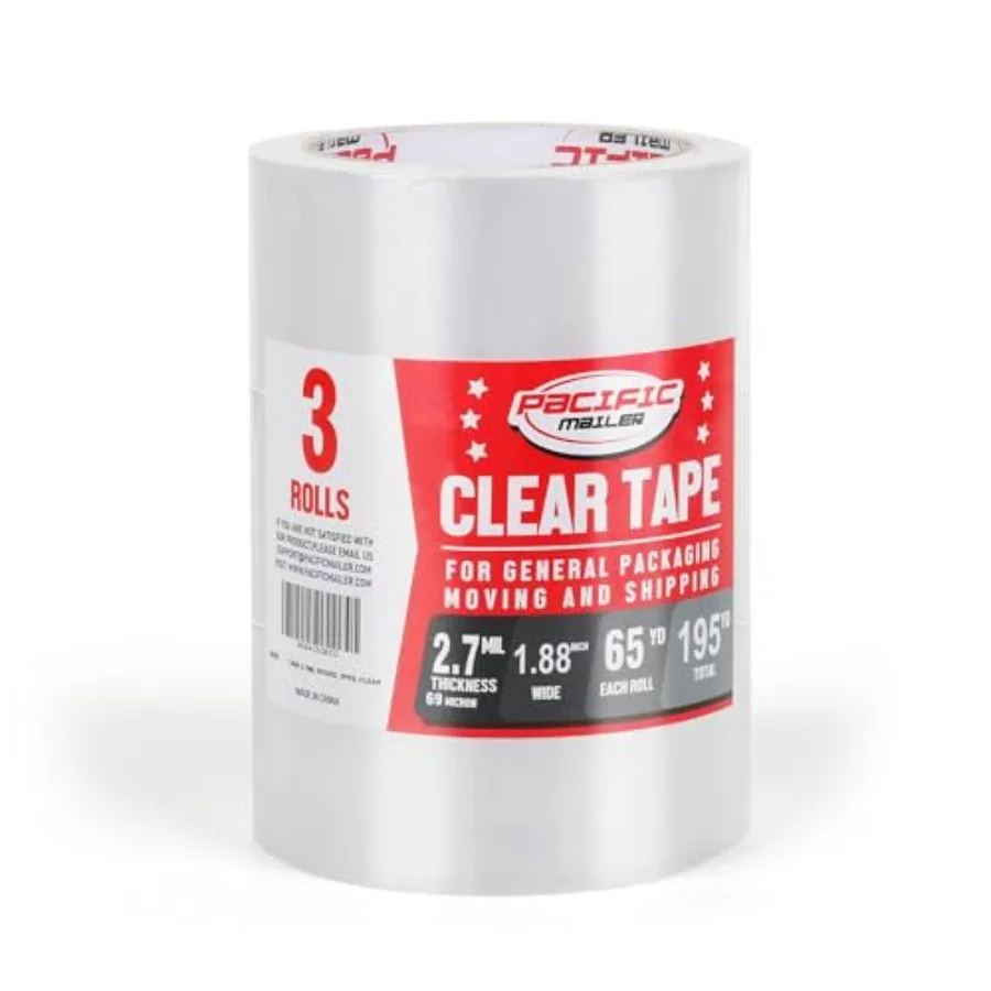 

Heavy Duty Clear Packing Tape 1.88 inch Wide x 65 Yards Per Roll 2.7MIL Thickness for Shipping Moving Sealing Carton Packaging