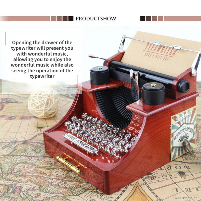 Retro Typewriter Spring Imitation Wood Music Box for Children's Romantic and Fun Gifts for Couples