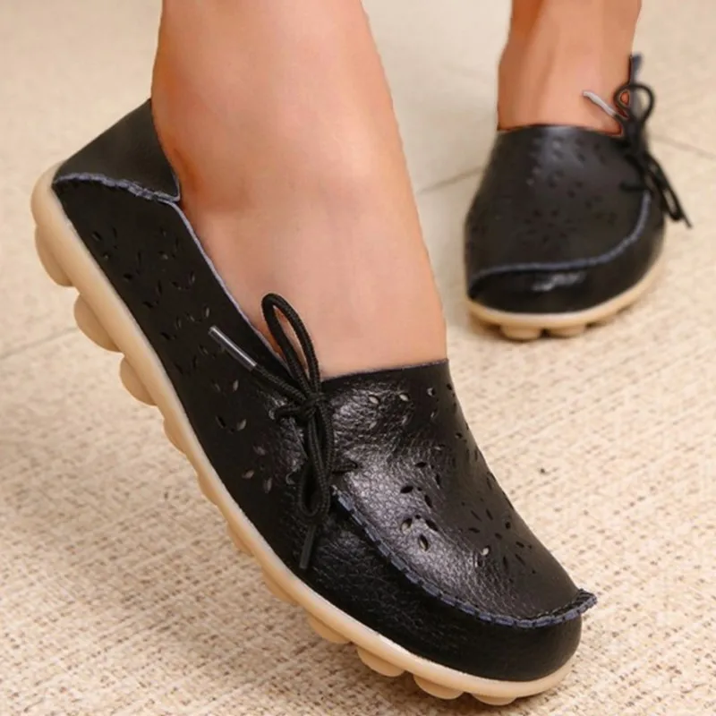 Flats Shoes Woman Fashion Hollow Bowtie Women's Loafers Plus Size Moccasins Genuine Leather Shoes Footwear Zapatos De Mujer