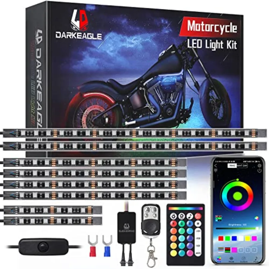 

8PCS Motorcycle RGB LED Light Kits with APP and RF Remote Control Multicolor Underglow Lighting System with Brake and Turn Sign
