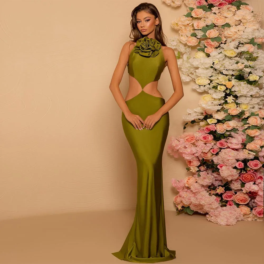 

Sexy Evening Dress Mermaid 3D Flower Halter Cutout Green Evening Gown Women 2023 Satin Trumpet Sleeveless Backless Party Dresses