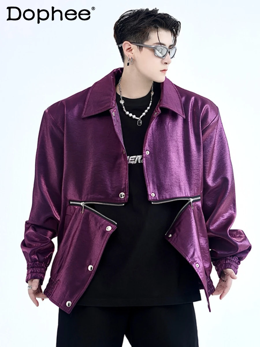 

Spring 2024 Satin Jackets Design Retro Men's Casual Long Sleeve Solid Color Coat Zipper Decorations Single Row Multi-Buckle Tops