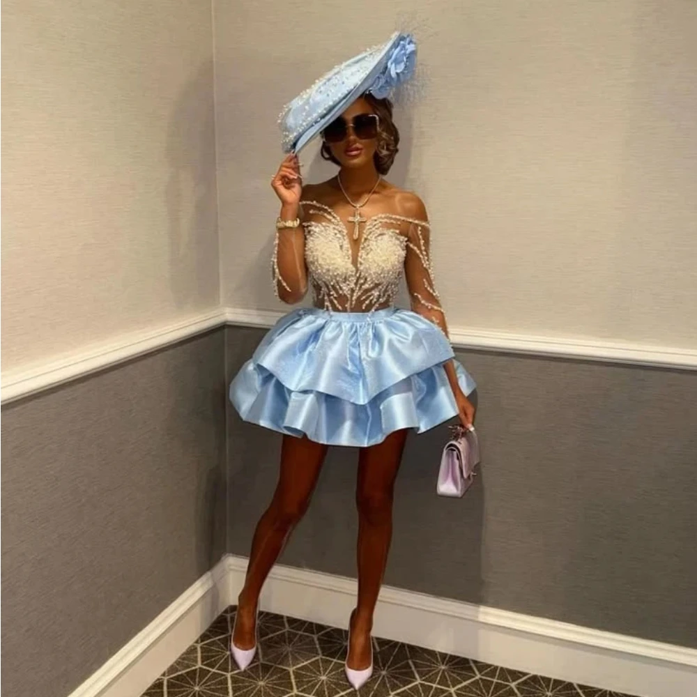 

Mini A-line Crystal Bead Cocktail Dress V-neck Transparent Long Sleeved Birthday Party Formal Occasion Prom Dress Customized