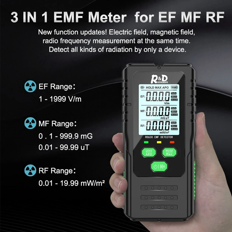 3-In-1 Electromagnetic Field Radiation Detector Tester EMF Meter Multifunctional Portable Radio Frequency Warn Meter