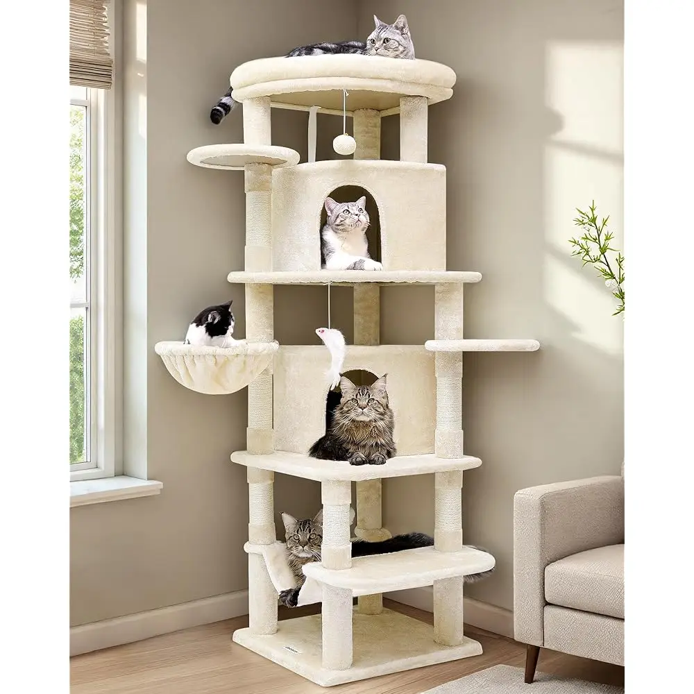 Árbol esquinero para gatos C66 para gatos grandes, torre grande para gatos de serie curvada de 66 pulgadas de alto para varios gatos de interior con 6 postes rascadores,