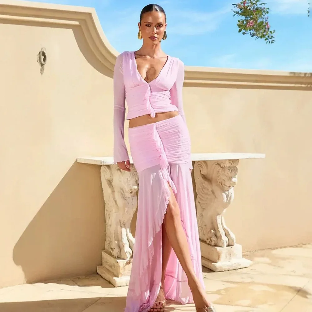 European and American Style Early Autumn Outfit, Mesh See-Through Ruffled Long Skirt Set, Sexy Hot Girl Slim-Fit T-Shirt Two-Piece Set for Women