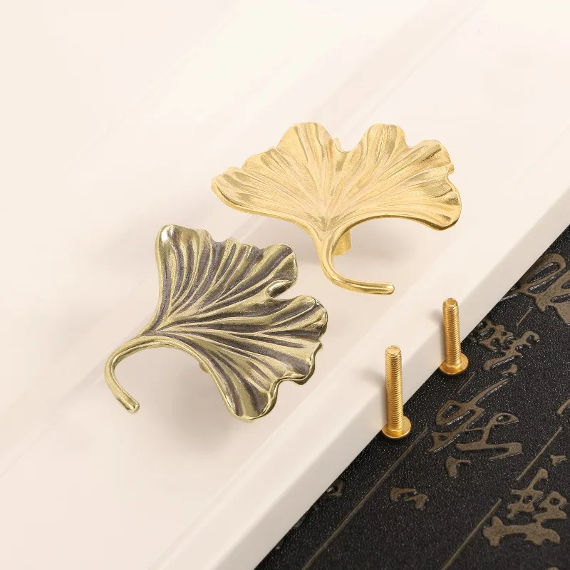 2Pcs Chinese Ginkgo Leaf Classic Brass Door Handle Creative Ancient Copper Hook Small Fresh European Cabinet Door Handle