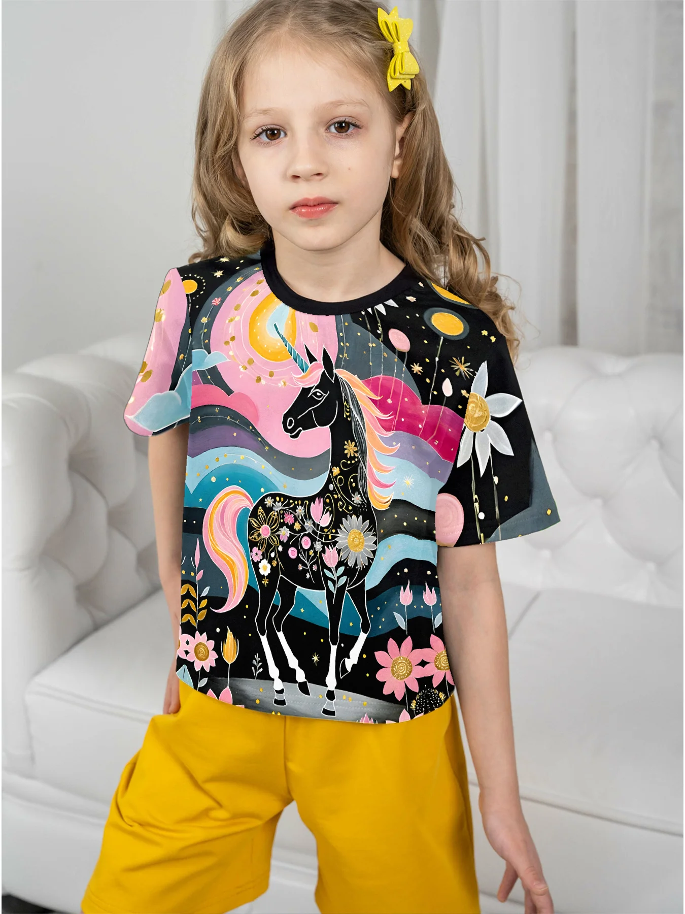 Art Fantasy Unicorn Kids T-Shirt, Floral Mountain Starry Sky Girls Crew Neck Summer Short Sleeve Tee